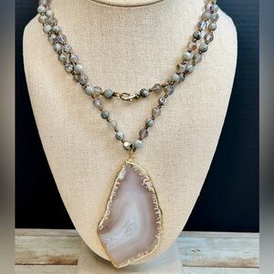 large polished agate slice pendant on a stone and crystal beaded chain